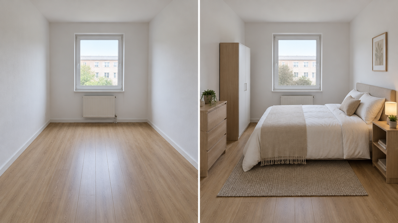 Starting and restyled illustrative concepts: A small rental, simply furnished.